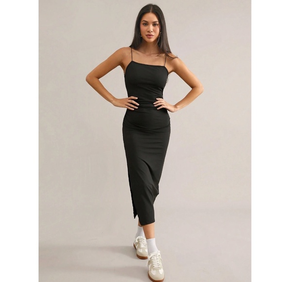 Twisted Back Cami Spaghetti Strap Black Midi Dress High Leg Slit - Picture 7 of 16